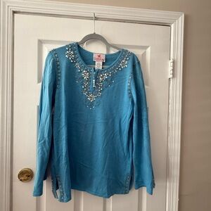 Quacker Factory Turquoise Blue Embellished Long Sleeve Tunic